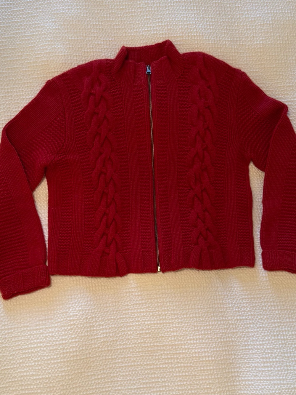 Sundance | 100% Lambswool Cable Knit Zip Cardigan | Red | Size = M